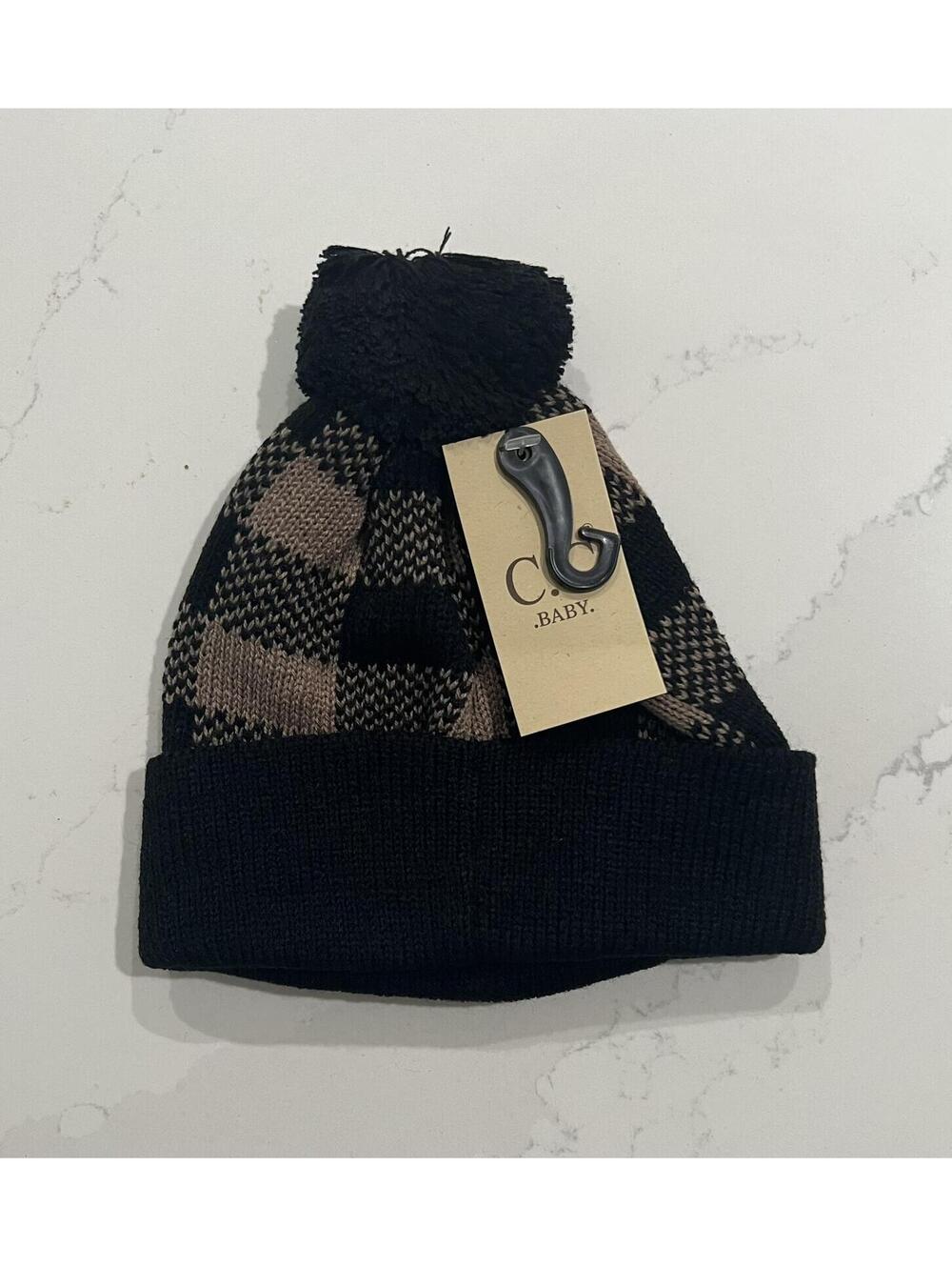 CC Baby Single Pom Buffalo Plaid Infant Beanie Brown/Black, Newborn to 9 months